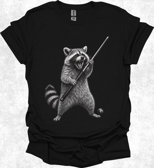 Raccoon Playing Pool Graphic Tee — Funny Billiards Raccoon T-Shirt